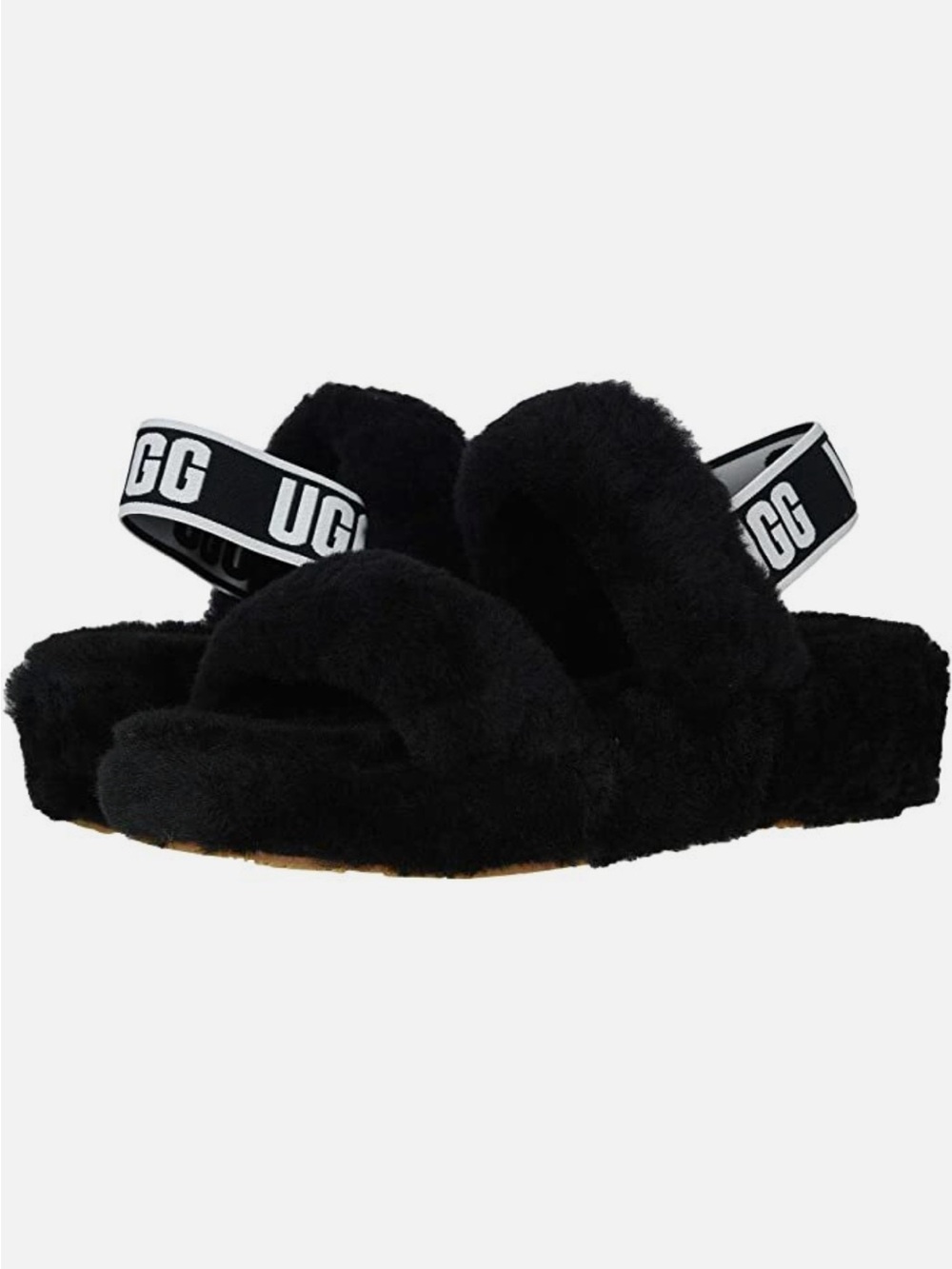 UGG Women’s Black Fluff OH YEAH Sandal Slippers with Slingback Logo Strap
